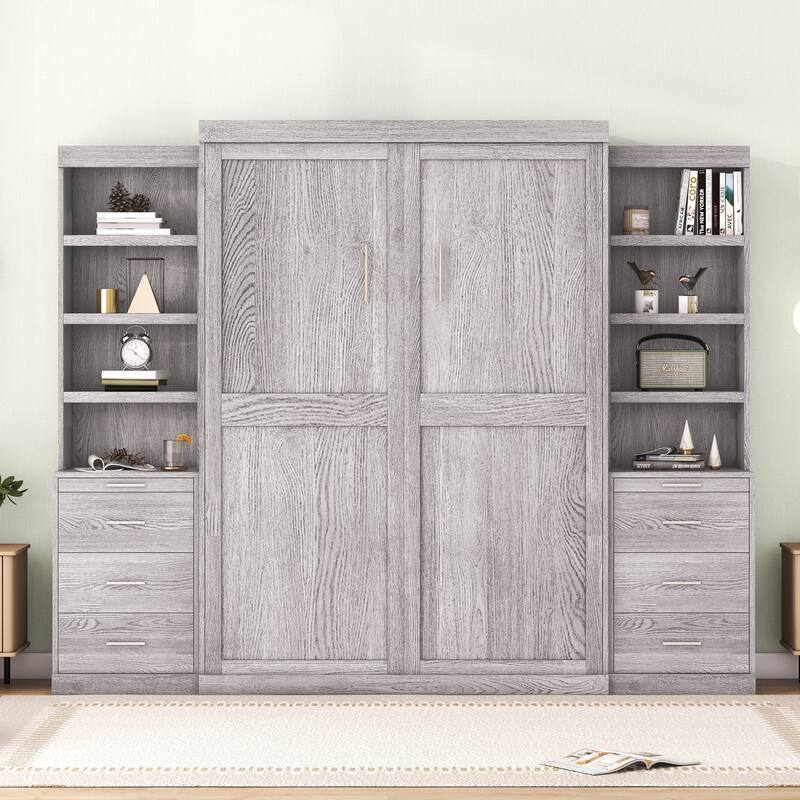 Wood Full Size Murphy Bed with Side Storage Shelves and Drawers, Hidden Foldable Into Cabinet Platform Bed, No Box Spring Needed