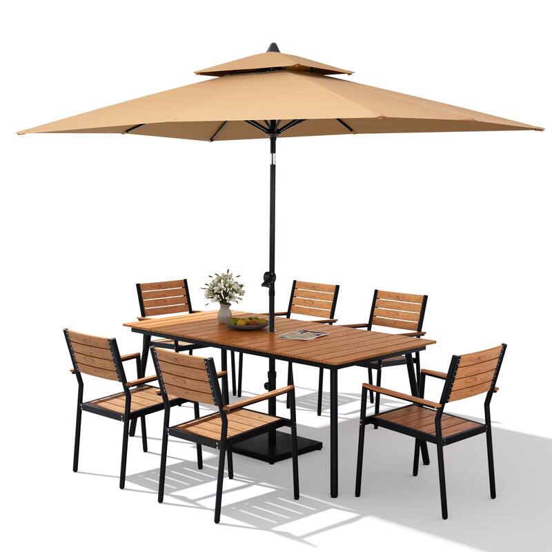 9PC Outdoor Patio Dining Set Wood-Like Aluminum Umbrella Hole Table with Stackable Armchairs,Double Top Market Umbrella and Base