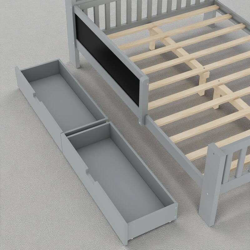 Twin/Full Solid Wood Platform Bed with Chalkboard Headboard, Storage Drawers and Shelves, Space-Saving Kids Bed