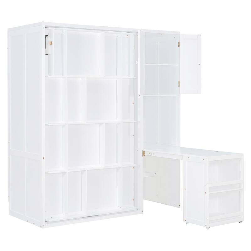 Twin Size Rotating Murphy Wall Bed with Bookshelf, Top Cabinet, Modern Foldable Cabinet Bed with Extendable Desk, Side Storage