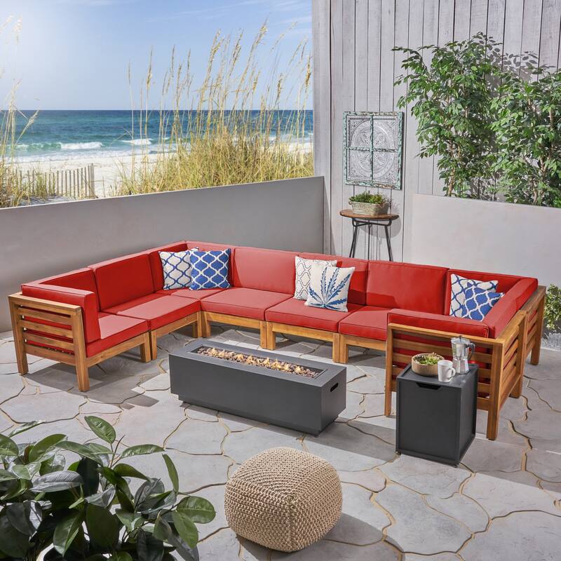 Malawi Outdoor 10-Piece U-Shaped Acacia Wood Sectional Sofa Set with Fire Pit by Christopher Knight Home
