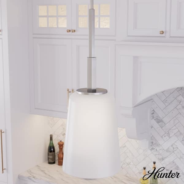 slide 2 of 10, Hunter Nolita 1 Light Pendant, Kitchen Island, Dining Room, Contemporary, White Glass Shade 9" - Brushed Nickel