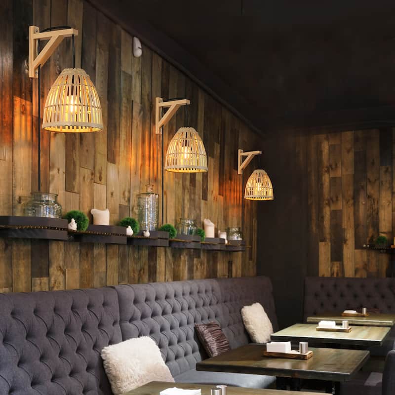 Unique Bamboo Plug in Wall Light Fixture -Wood Rattan Lampshade Wall Sconces for Kitchen Island Living Room Restaurant - Yellow