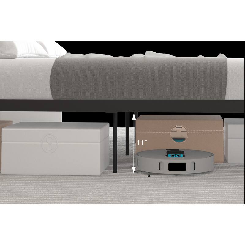 Metal Bed, Black with Walnut Wood Headboard&Footboard, Queen