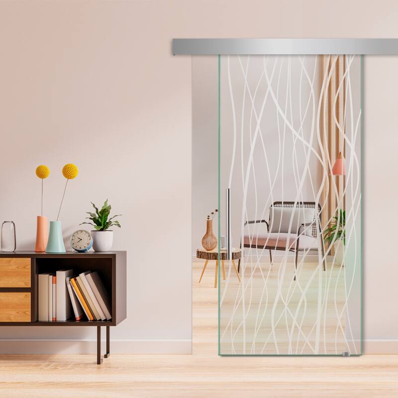 Glass Sliding Barn Door with Modern Frosted Lines Design - 22"x81" - Non private