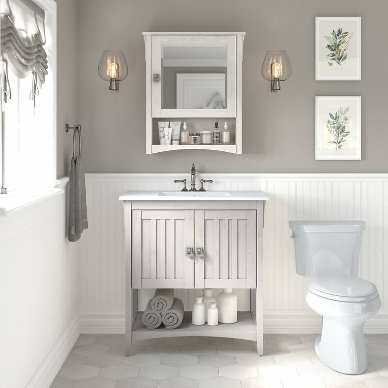 Salinas 32W Bathroom Vanity Sink & Medicine Cabinet by Bush Furniture - Linen White Oak
