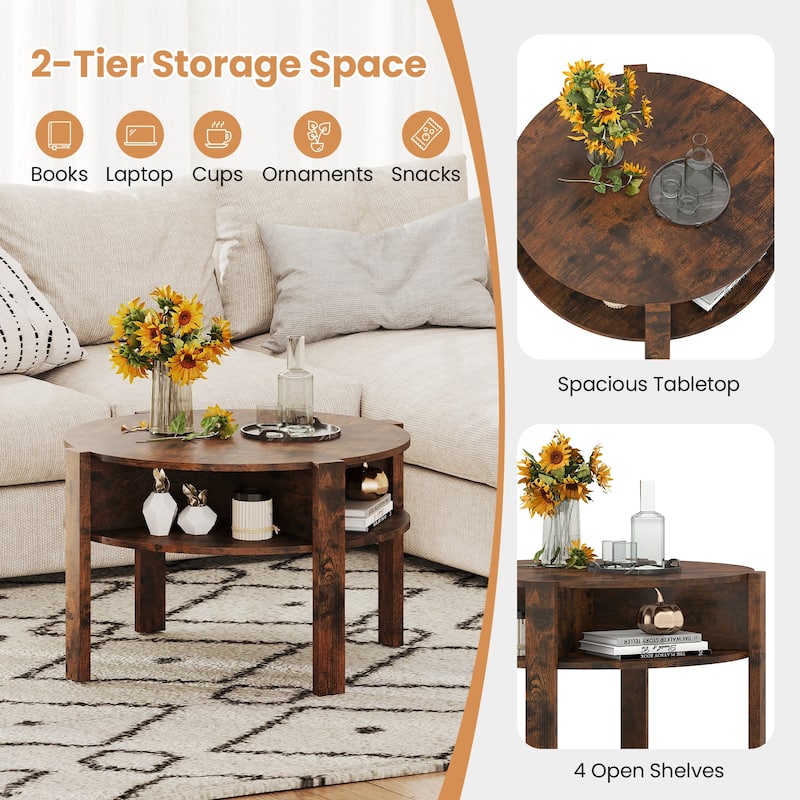 29.5 Inch Compact Round Coffee Table with Side Shelves and Wood Frame Perfect for Living Room Decor - 29.5" x 29.5" x 18"