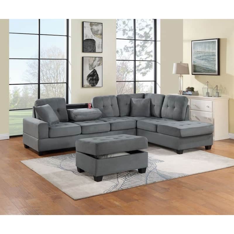 Living Room Furniture 3-PCS Sectional Sofa Set LAF Sofa RAF Chaise And Storage Ottoman - Dark Grey+Microfiber