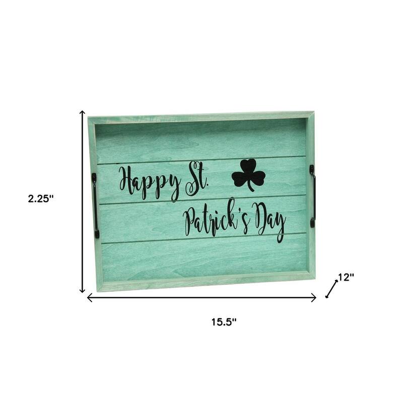 HomeRoots 16" Green And Black Happy St. Patricks Day Serving Tray With Handles - 15.50 in. x 2.25 in. x 12.00 in.