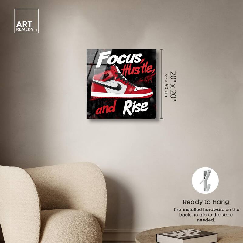 Hustle and Rise Sneaker Red Acrylic by Art Remedy, Ready to Hang