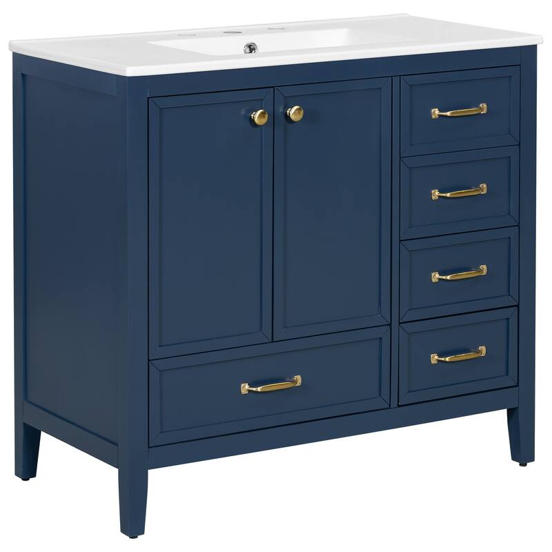 36" Bathroom Vanity with Sink, Bathroom Cabinet with Soft-Closing Door, 4 Drawers of Different Sizes, Solid Wood Frame and Leg