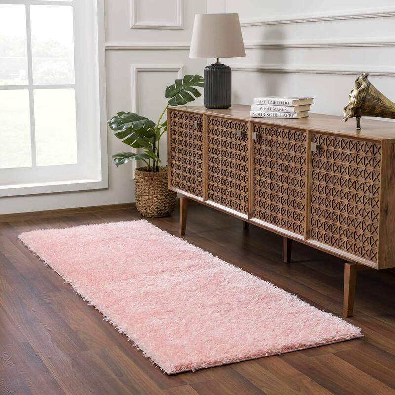 Faina Machine Washable Fluffy Carpet Solid Shag Plain Area Rug - 2'7" x 7'3" - Pink / Faina