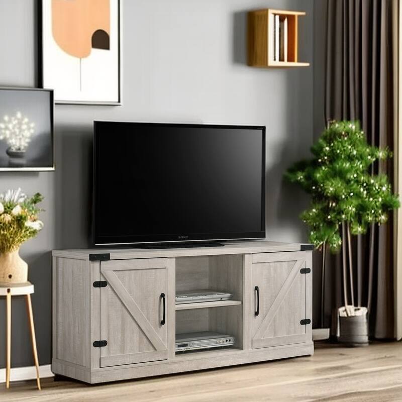 58 Inch Farmhouse TV Stand for up to 65" TV with Doors and Open Shelves Media Console Power Outlet