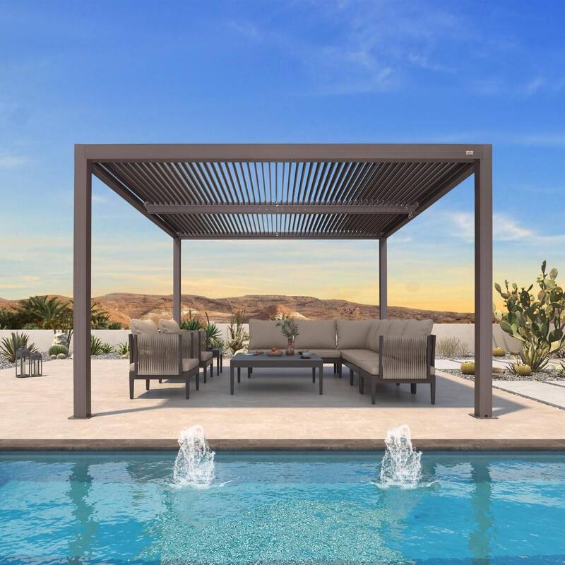 PURPLE LEAF Bronze Louvered Pergola with Adjustable Roof for Deck Backyard Garden Hardtop Gazebo - 12' x 12' - Bronze