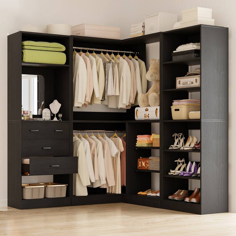Cimly Set of 3 Corner Closet System with Drawers and Mirror, Multi-functional Closet Organizer with Shoe Racks