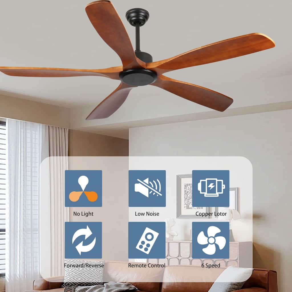 60 Inch wood Ceiling Fan no light with Remote Control, Low Profile Ceiling Fan without Light - Natural Wood