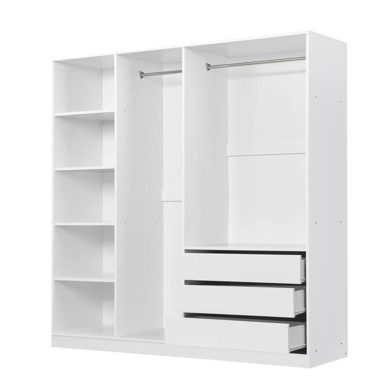 Doorless Wooden Storage Wardrobe with Drawers, White Clothing Storage Cabinet Organizer with Open Shelves