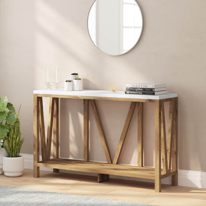 Farmhouse Style Rustic Entryway Console Table - Warm Oak/Marble