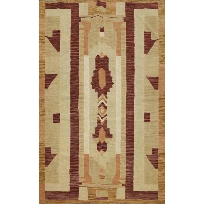 Hand Woven Oriental 100% Wool Carpet Southwestern Tribal Beige & Ivories Kilim Area Rug - 5' 7'' X 3' 11''