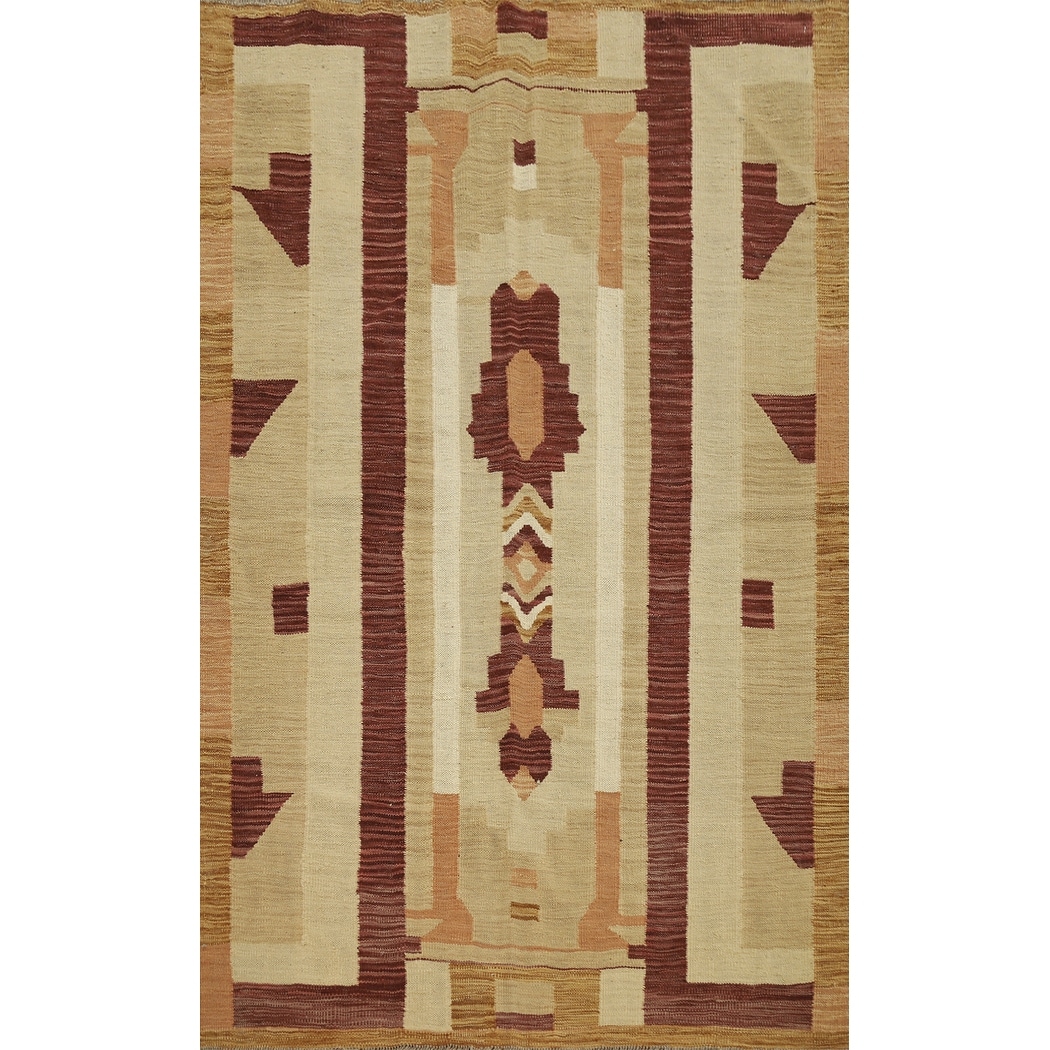 Hand Woven Oriental 100% Wool Carpet Southwestern Tribal Beige & Ivories Kilim Area Rug - 5' 7'' X 3' 11''