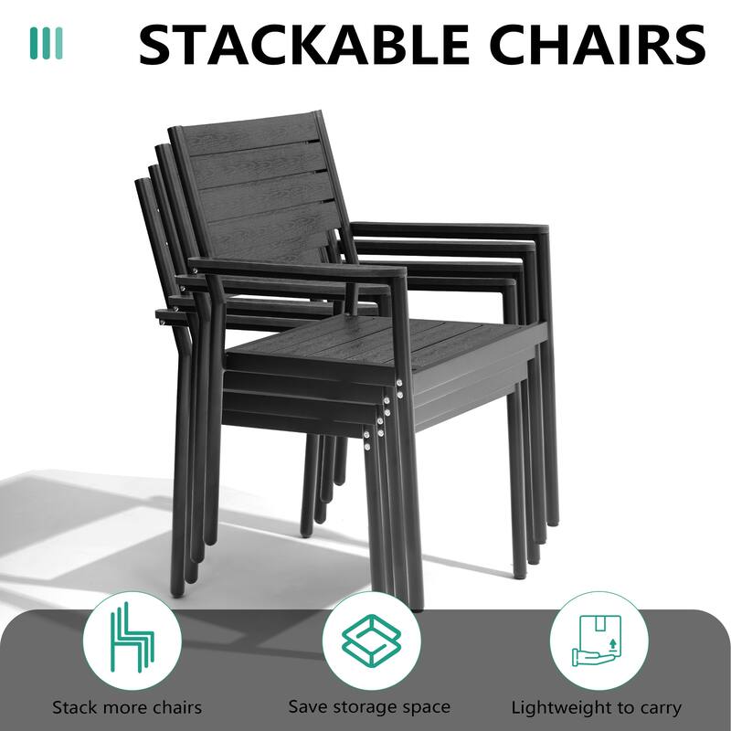 7-Piece Outdoor Patio Dining Set Wood-Like Table Top Alumium Umbrella Hole Table with Stackable Dining Chairs