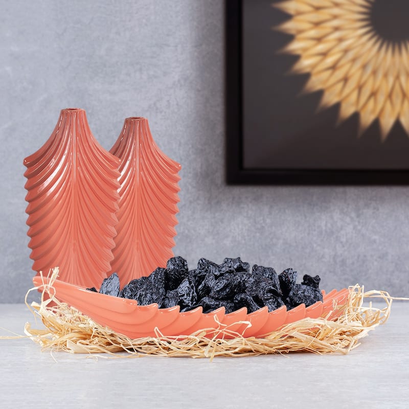 Allan Andrews Glossy Orange Ceramic Coral Reef Textured Tray - 14.25"W x 7.25"D