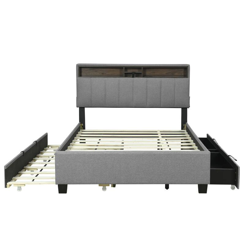 Full size Upholstered Platform Bed with Twin Size Trundle & 2 Drawers