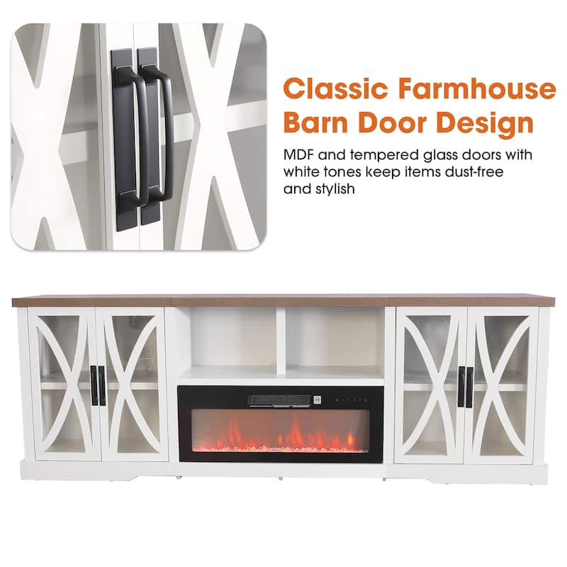93" Farmhouse White Glass Barn Door Storage Fireplace TV Stand Console with 36" Electric Fireplace for TVs Up to 100"