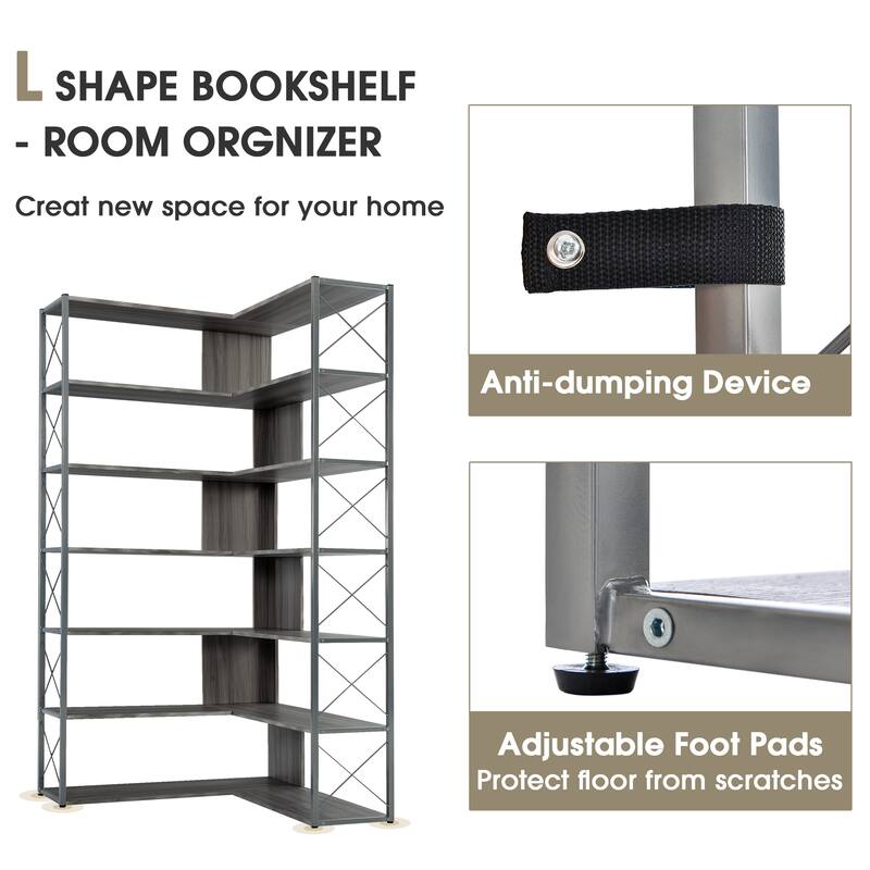 7-Tier Bookcase Home Office Bookshelf, L-Shaped Corner Bookcase with Metal Frame
