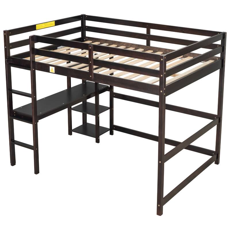 Full Size Loft Bed w/ Desk & Shelves Multifunctional Wooden Bed Frame Bed Bath & Beyond 39691172