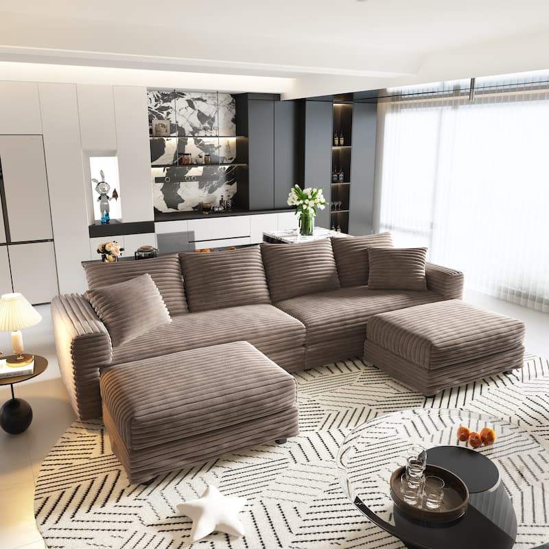 102.4" Corduroy Couch with Ottomans, 4 Seat Convertible Modular Sectional Sofa, Upholstered Couches with Pillows for Living Room - Camel-2 Ottoman