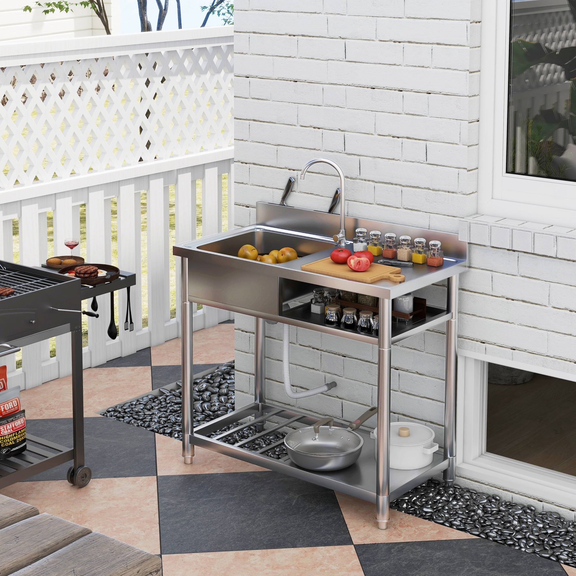 HOMCOM Outdoor Utility Sink, Deep Stainless Steel Sink, Free Standing Single Bowl Kitchen Sink, 39 Inch - Silver - 39 Inch