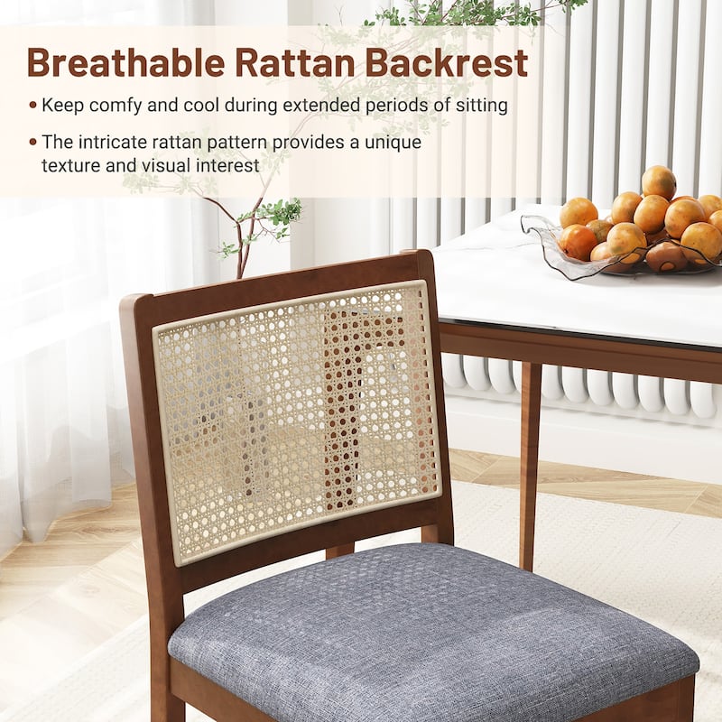 Gymax Rattan Dining Chair Set of 2 w/ Rubber Wood Frame Linen Fabric