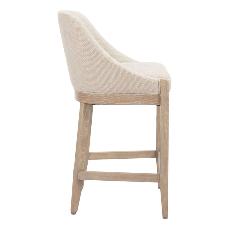 HomeRoots 27" Beige and Natural Fabric and Solid Wood Counter Height Bar Chair