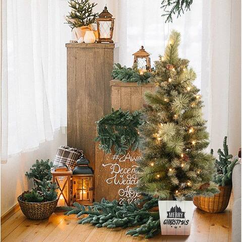 4Ft Pre-Lit LED Artificial Flocked Pine Christmas Tree with Pine Cones and Square Pot