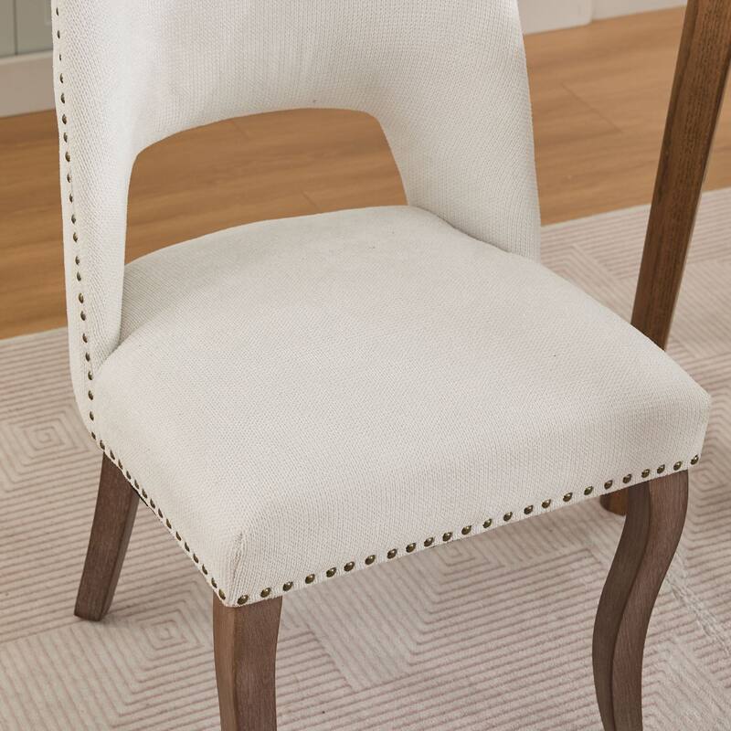 Modern Fabric Upholstered Dining Chairs Set of 2, Farmhouse Wooden Dining Room Chairs with Curved Backrest, Rivet Trim
