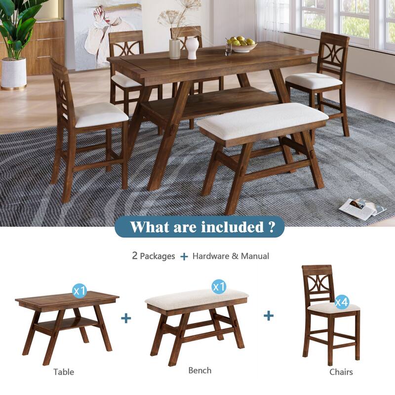 6-Piece Wood Counter Height Dining Table Set with Storage Shelf, Kitchen Table Set with Bench and 4 Chairs,Rustic Style Cushion