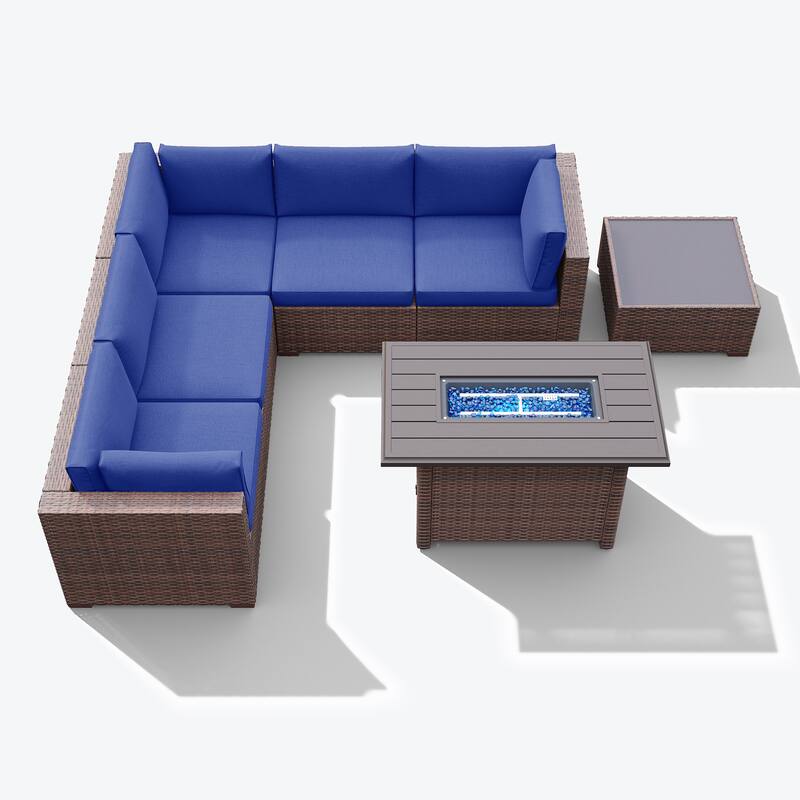 7 Piece Wicker Set Patio Sofa Furniture with Fire Pit And Table