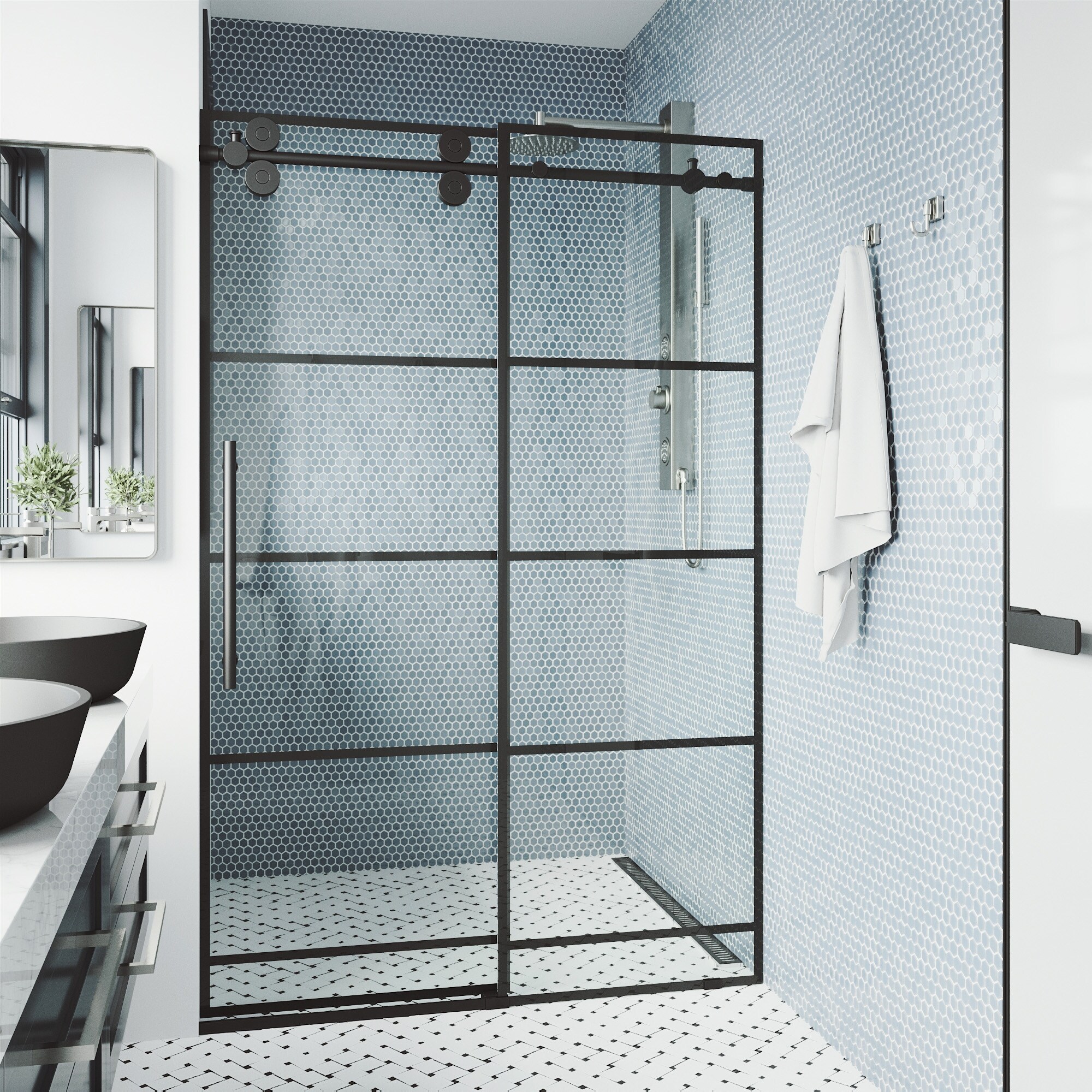 Shop Vigo 68 72 Inch Grid Elan Adjustable Sliding Shower Door In Matte Black On Sale Overstock 30437607