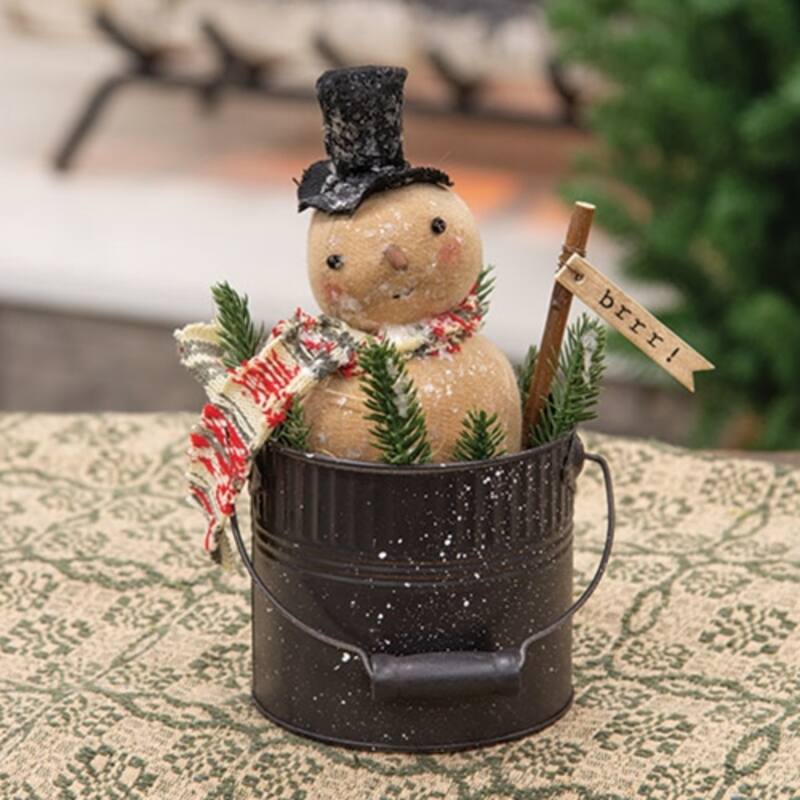 Winter Snowman Accent Decor in Black Metal Bucket with Plush Body and Glitter Flecks Twig Sign - 9" H x 4.5"Dia