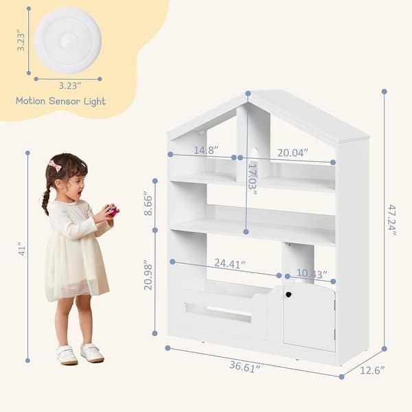 dimension image slide 0 of 2, Kids Bookshelf,Toy Storage Organizer,Wooden Toddler Bookcase with Motion Sensor Light