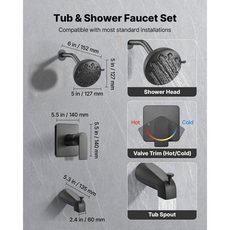 Matte Black ABS Stainless Steel Tub and Shower Faucet Set with 8-Mode Showerhead - 5 x 3.58 in