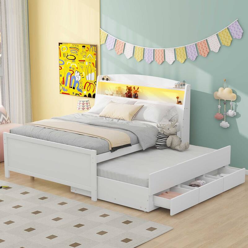 KidFriendly Design Full Size Bed Kids Bed Wooden Bed, Twin Size Trundle and 3 Drawers, White