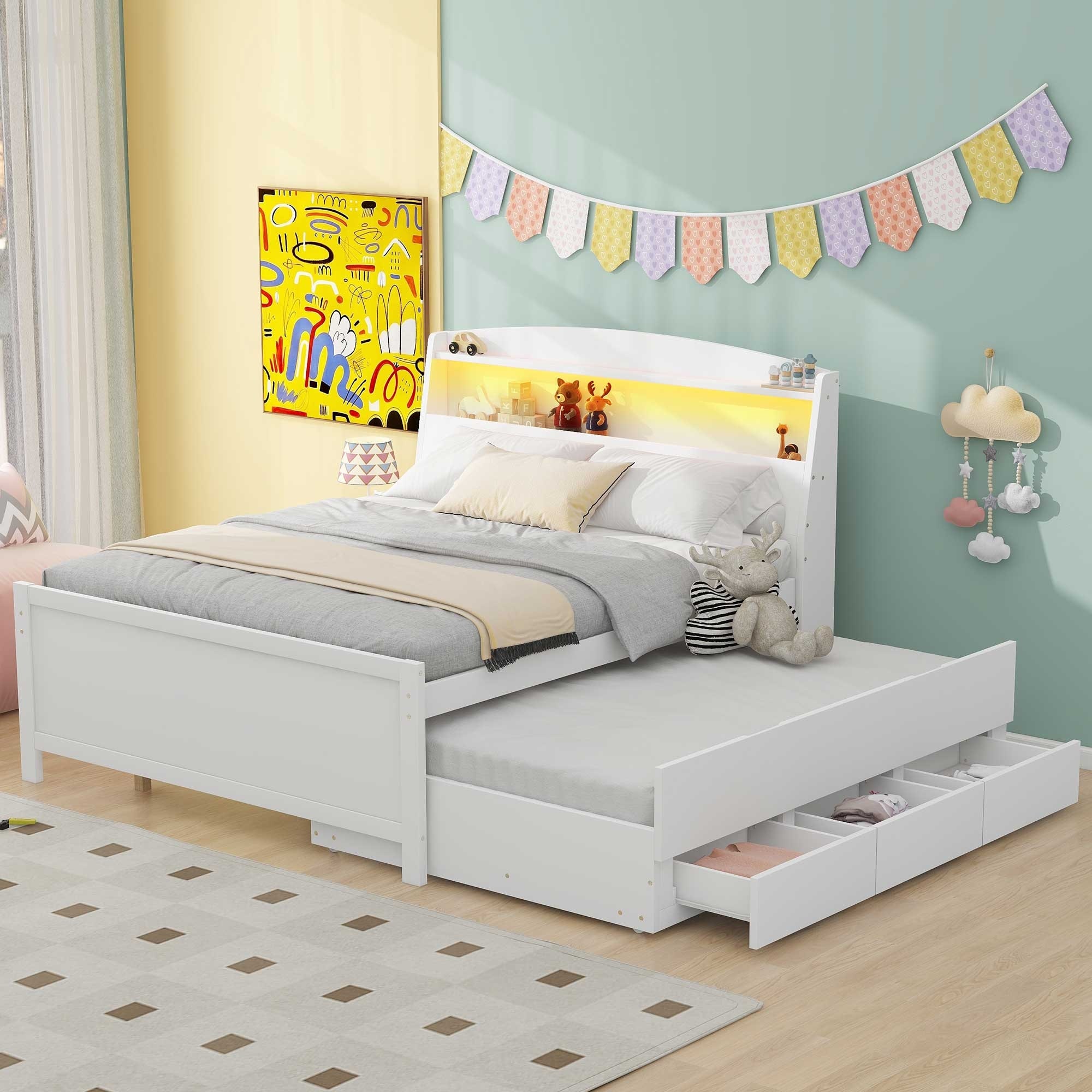 Stylish Platform Bed with Storage LED Headboard, Twin Trundle & 3 Drawers