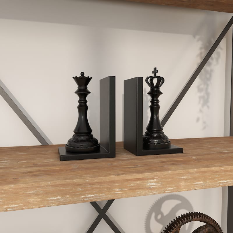 Black Polystone Chess Decorative Bookends with King and Queen (Set of 2)