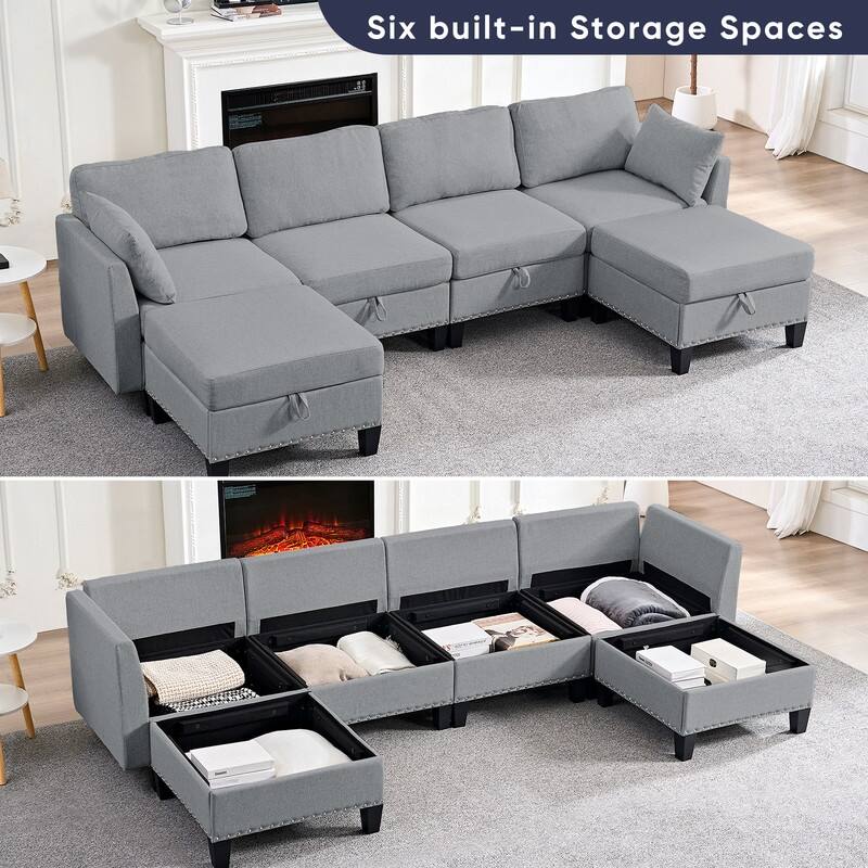 Mixoy Rivet Design Flexible Combination Reversible 4-Seater Modular Sofa with Storage Ottomans,Linen Convertible Sleeper Sofa - Light Grey - 4+2