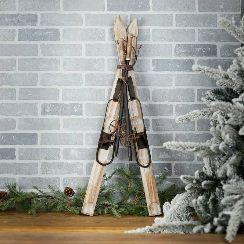 Skis with Poles Christmas Decoration - 36" - Brown and White