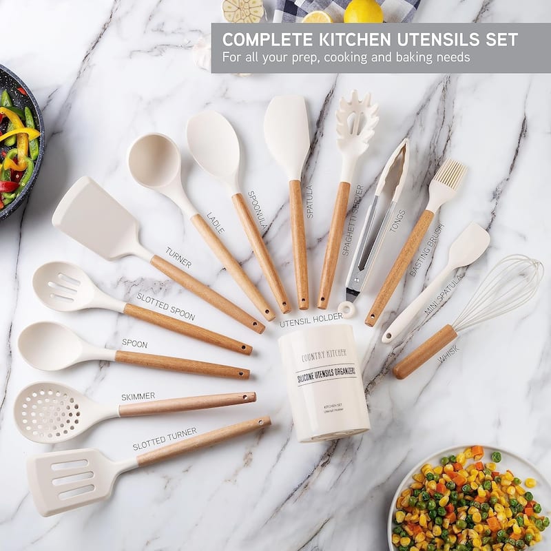 Country Kitchen Non Stick Silicone Utensil Set with Rounded Wood Handles for Cooking and Baking, 14 Piece Set