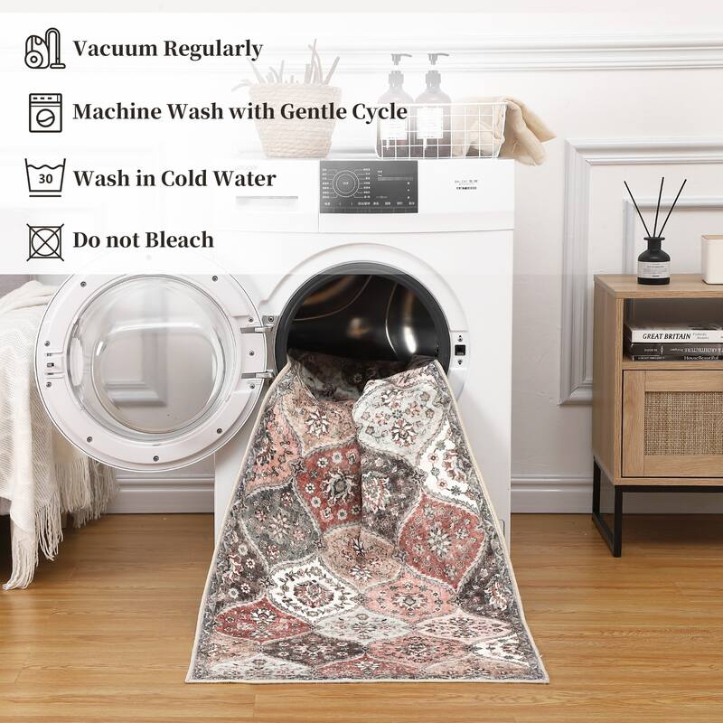 Rugs for Living Room Vintage Oriental Trellis Area Rug Soft Non Slip Low Pile Accent Rugs for Dining Room Office