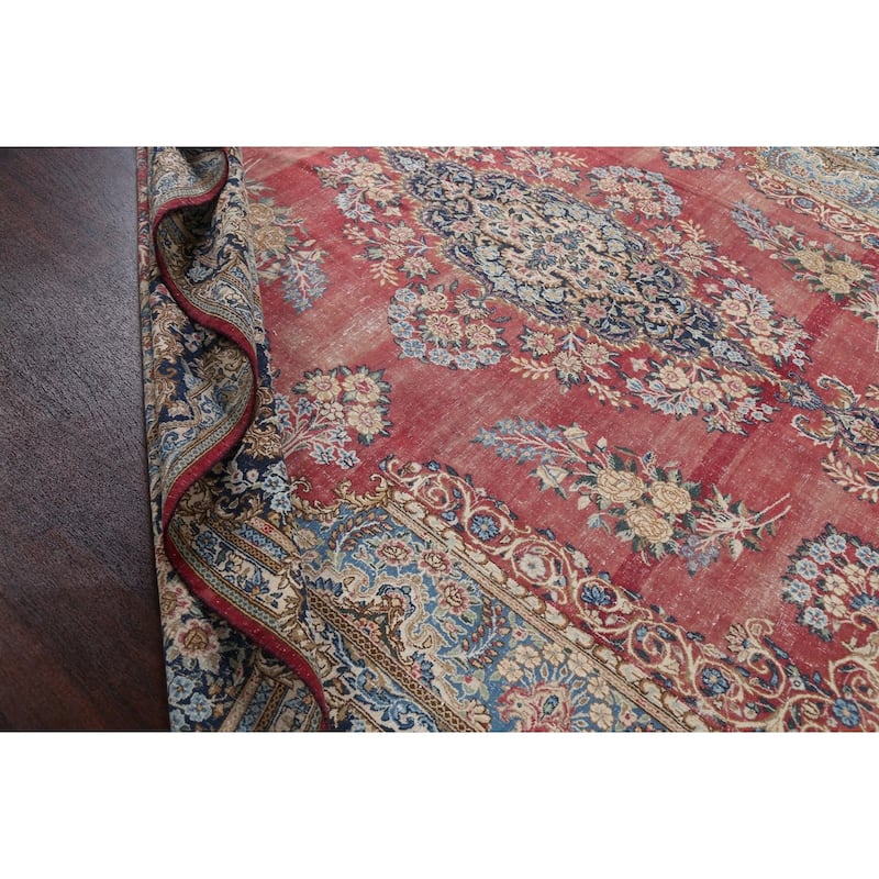 Antique Vegetable Dye Floral Kerman Persian Wool Area Rug Hand-knotted - 11'0" x 14'5"